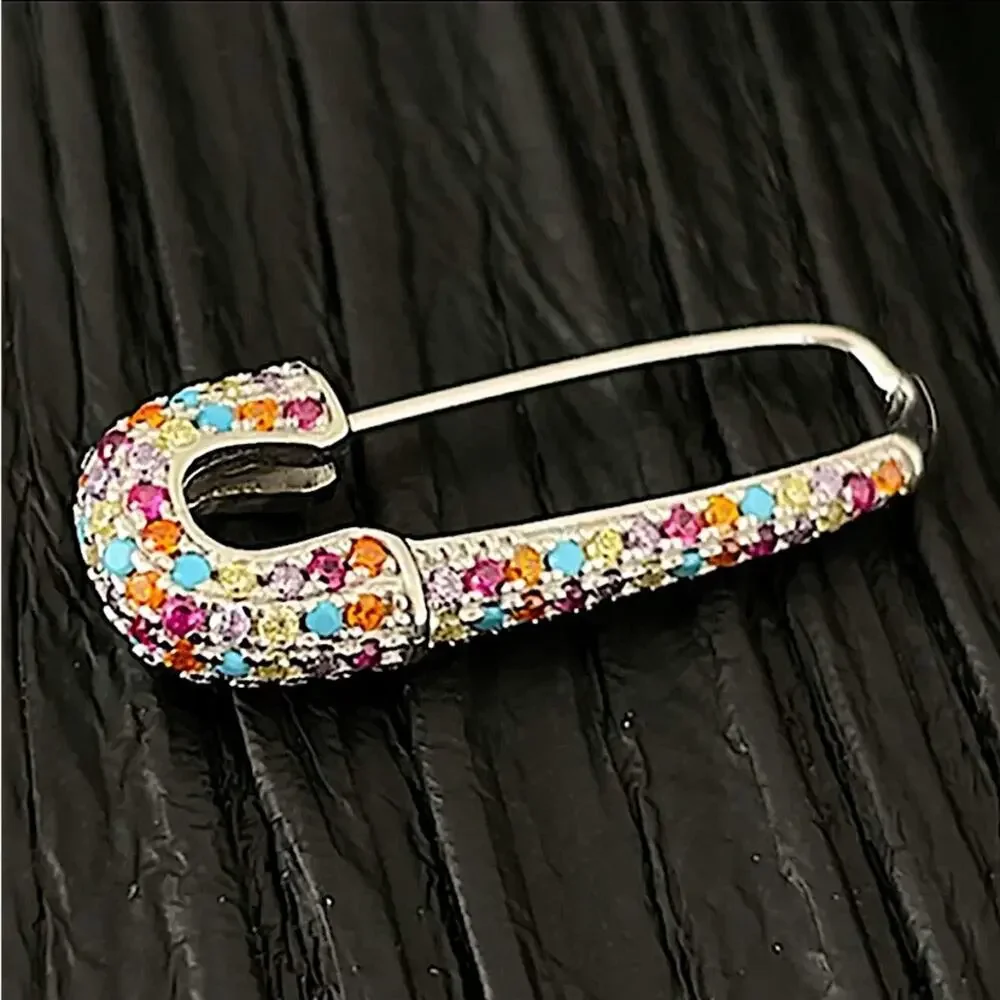 Silver Multicolor Rhinestone Safety-pin Earring, Minimalist, Punk